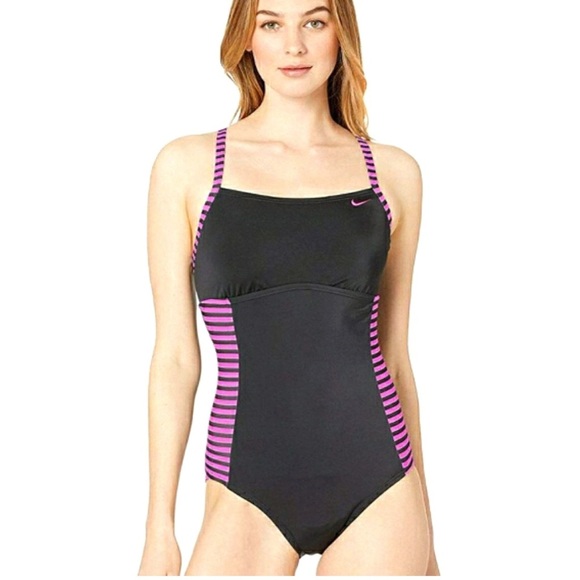 Nike Laser Stripe CrossBack One Piece Swimsuit One Piece Black & Purple Size M - Picture 1 of 13